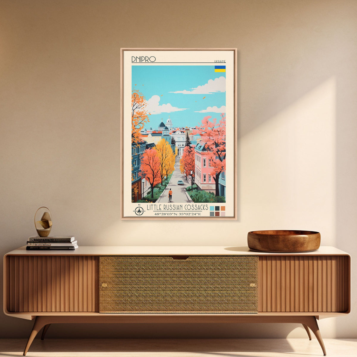 Dnipro Ukraine Travel Poster Framed Canvas Print, Midcentury Modern Art, Pop Art Wall Decor, Home Decor, Vacation Gift, Living Room Art