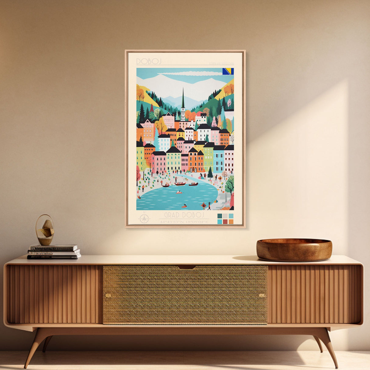 Doboj Bosnia and Herzegovina Travel Poster Framed Canvas Print, Midcentury Modern Art, Pop Art Wall Decor, Home Decor, Vacation Gift, Living Room Art