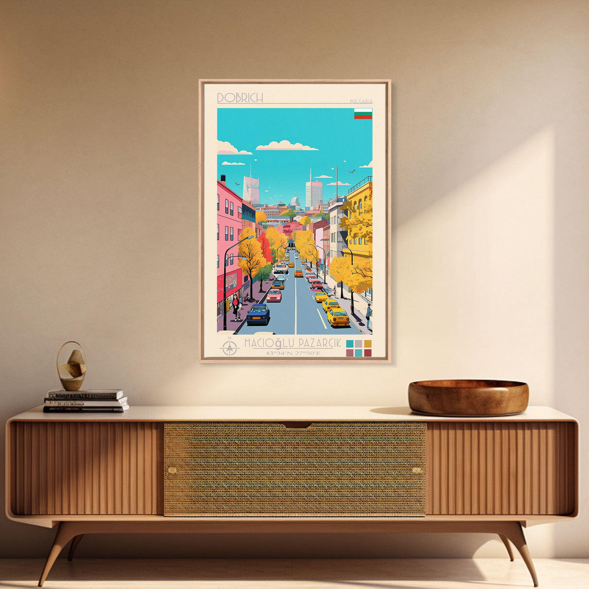 Dobrich Bulgaria Travel Poster Framed Canvas Print, Midcentury Modern Art, Pop Art Wall Decor, Home Decor, Vacation Gift, Living Room Art