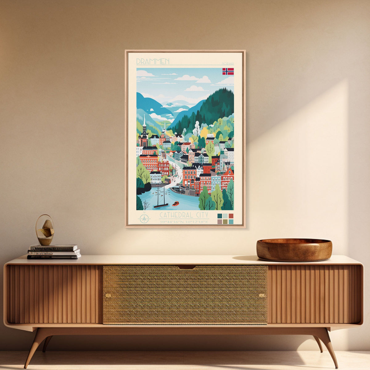 Drammen Norway Travel Poster Framed Canvas Print, Midcentury Modern Art, Pop Art Wall Decor, Home Decor, Vacation Gift, Living Room Art