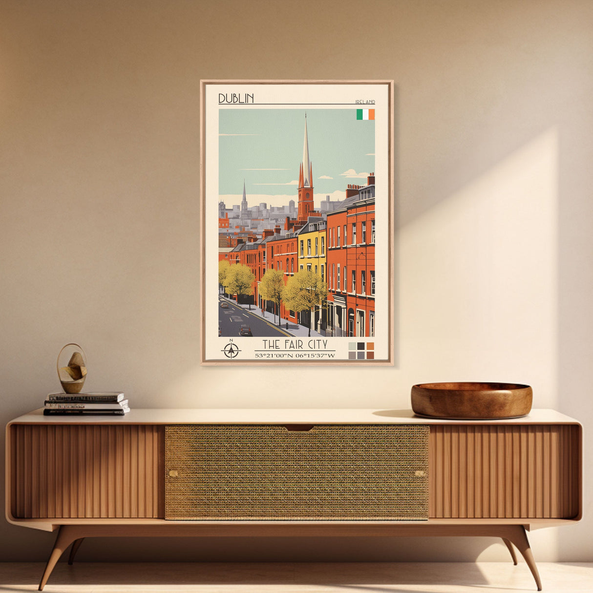 Dublin Ireland Travel Poster Framed Canvas Print, Midcentury Modern Art, Pop Art Wall Decor, Scenic Bedroom Art, Office Decoration