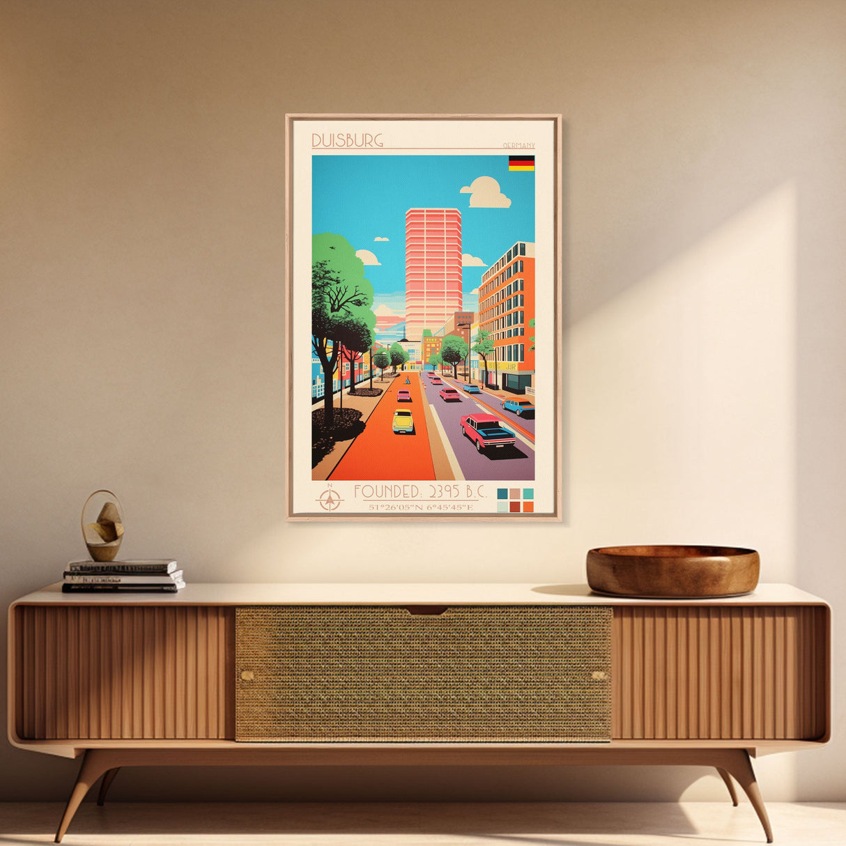 Duisburg Germany Travel Poster Framed Canvas Print, Midcentury Modern Art, Pop Art Wall Decor, Scenic Living Room Art, Bedroom Decor
