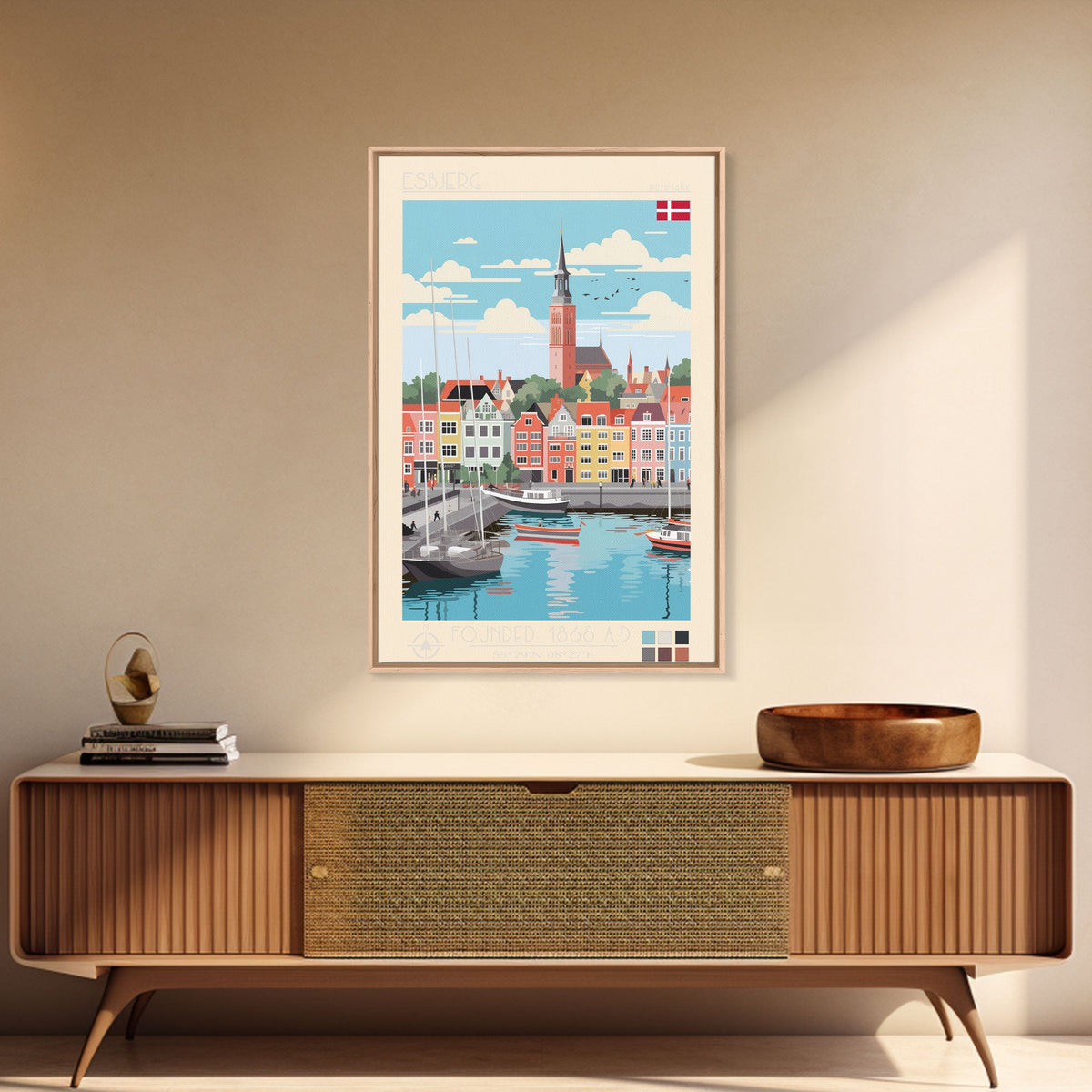 Esbjerg Denmark Travel Poster Framed Canvas Print, Midcentury Modern Art, Pop Art Wall Decor, Scenic Bedroom Art, Office Decoration