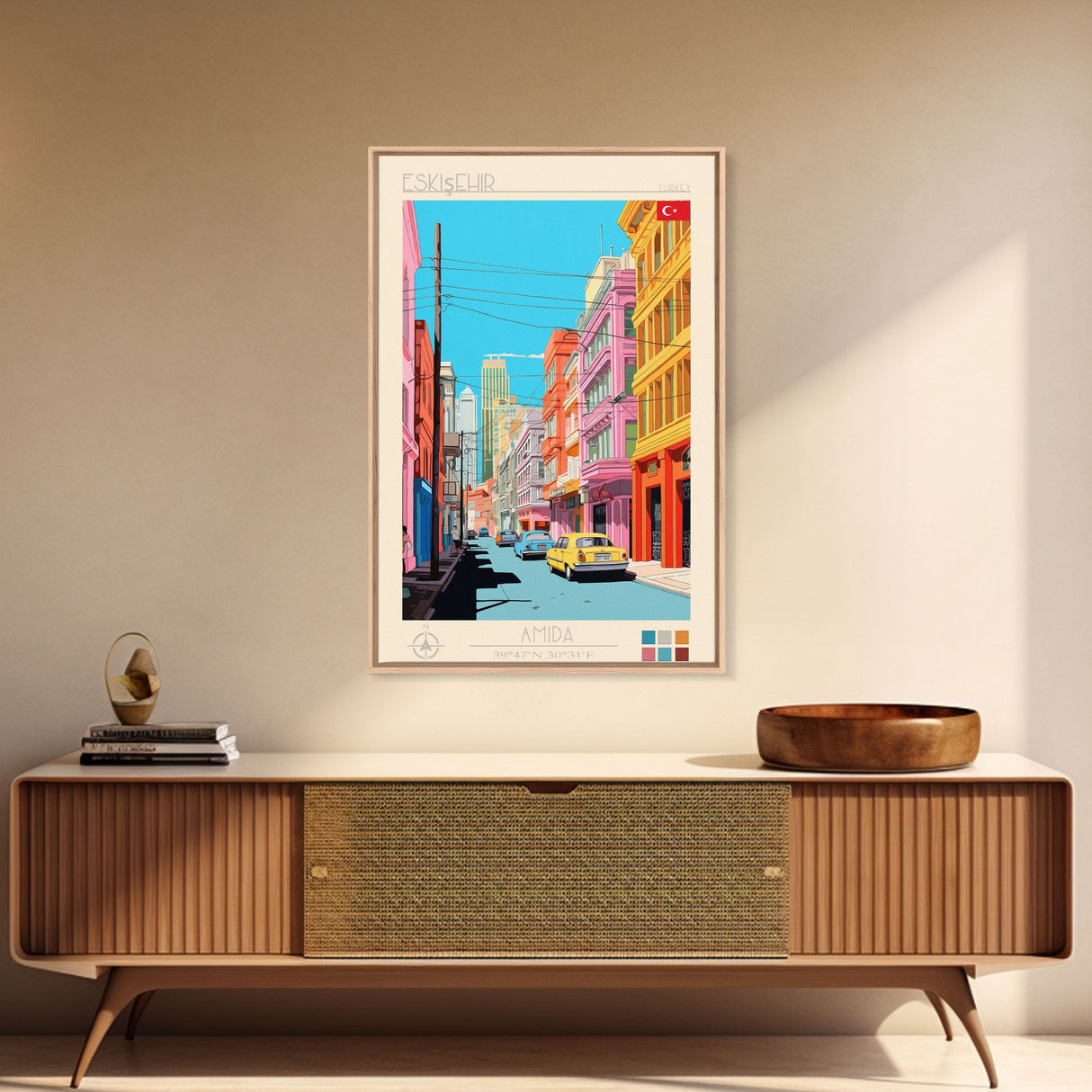 Eskişehir Turkey Travel Poster Framed Canvas Print, Midcentury Modern Art, Pop Art Wall Decor, Scenic Living Room Art, Bedroom Decor