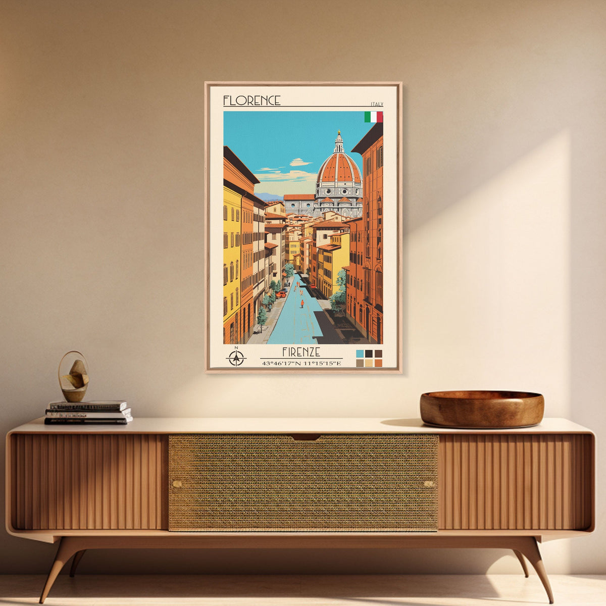 Florence Italy Travel Poster Framed Canvas Print, Midcentury Modern Art, Pop Art Wall Decor, Scenic Wall Art, Living Room Decoration, Office Art
