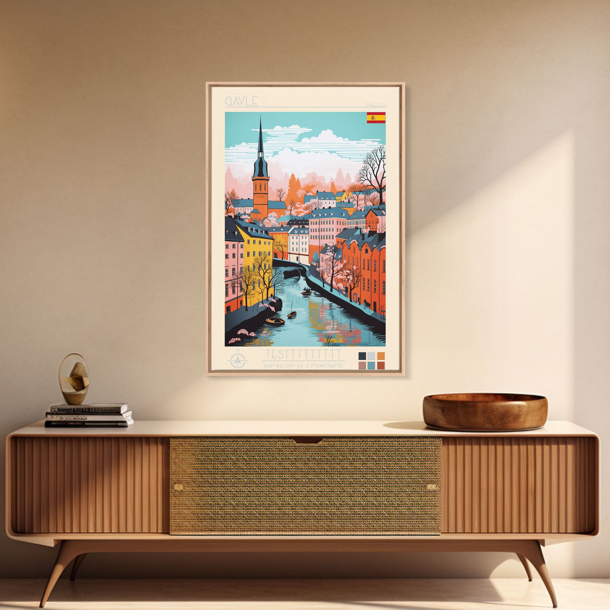 Gävle Sweden Travel Poster Framed Canvas Print, Midcentury Modern Art, Pop Art Wall Decor, Scenic Wall Art, Bedroom Decoration