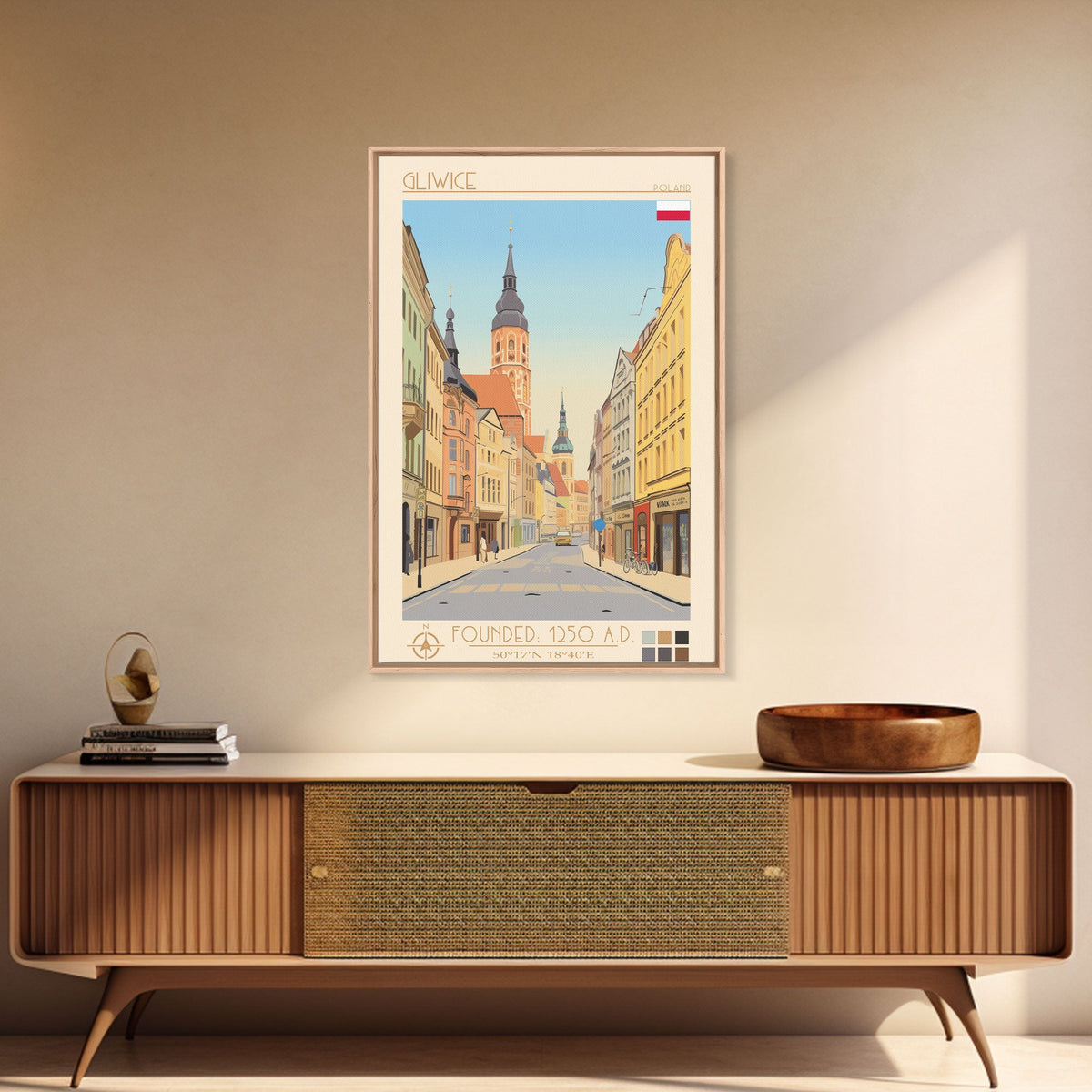 Gliwice Poland Travel Poster Framed Canvas Print, Midcentury Modern Art, Pop Art Wall Decor, Scenic Living Room Art, Bedroom Decor