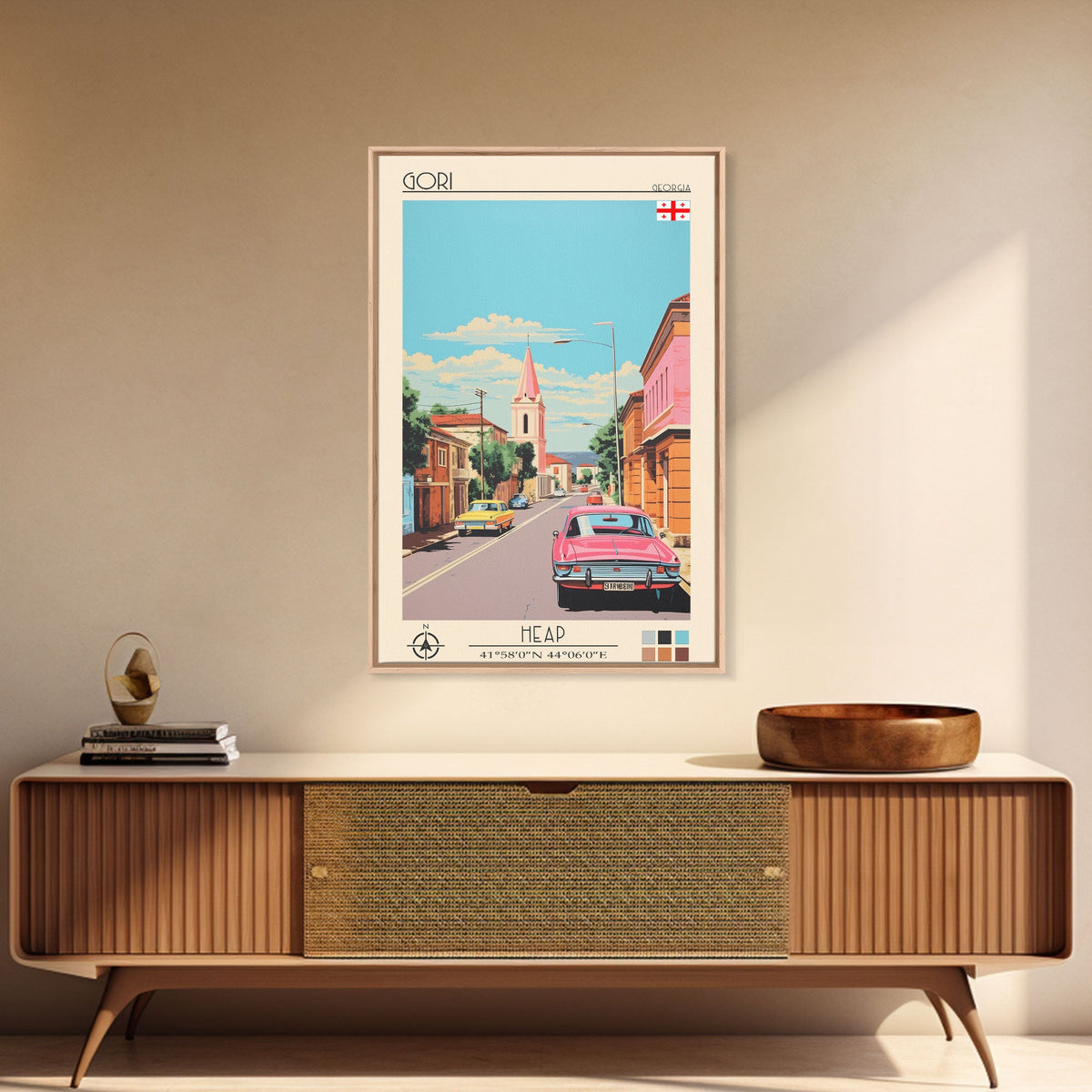 Gori Georgia Travel Poster Framed Canvas Print, Midcentury Modern Art, Pop Art Wall Decor, Scenic Wall Art, Living Room Decoration, Office Art