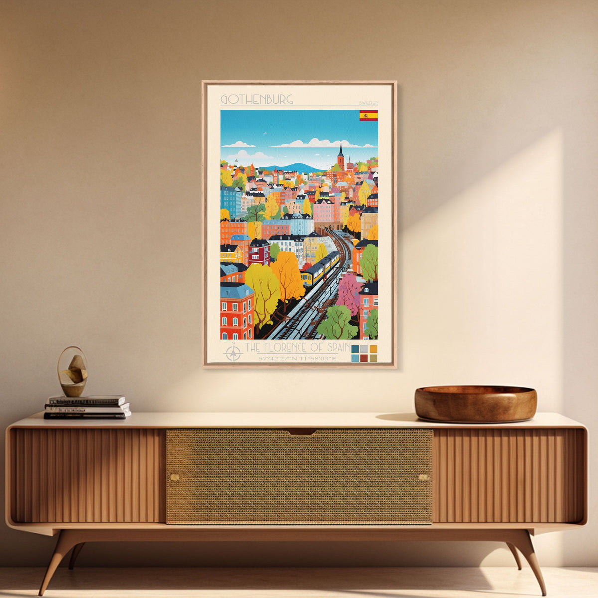 Gothenburg Sweden Travel Poster Framed Canvas Print, Midcentury Modern Art, Pop Art Wall Decor, Scenic Bedroom Art, Office Decoration