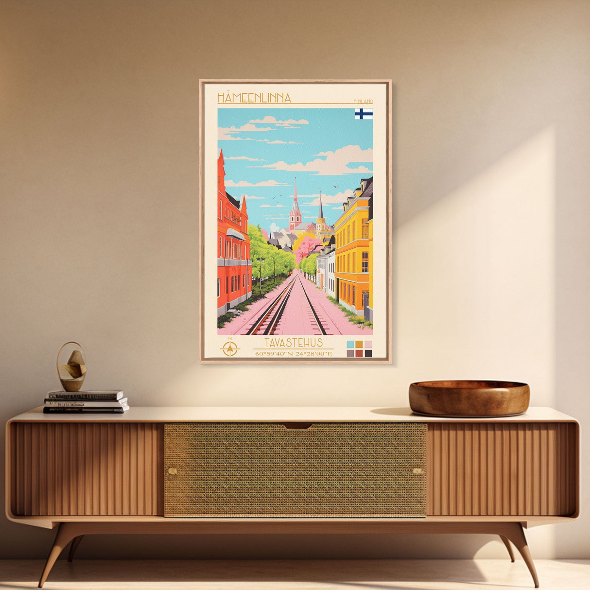 Hämeenlinna City in Finland Finland Travel Poster Framed Canvas Print, Midcentury Modern Art, Pop Art Wall Decor, Home Decor, Vacation Gift, Bedroom Art