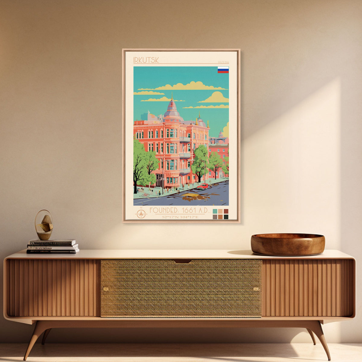 Irkutsk Russia Travel Poster Framed Canvas Print, Midcentury Modern Art, Pop Art Wall Decor, Scenic Bedroom Art, Office Decoration