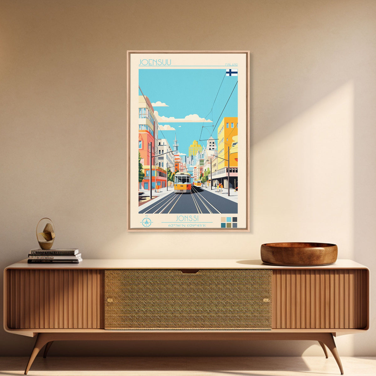 Joensuu Finland Travel Poster Framed Canvas Print, Midcentury Modern Art, Pop Art Wall Decor, Scenic Living Room Art, Bedroom Decor
