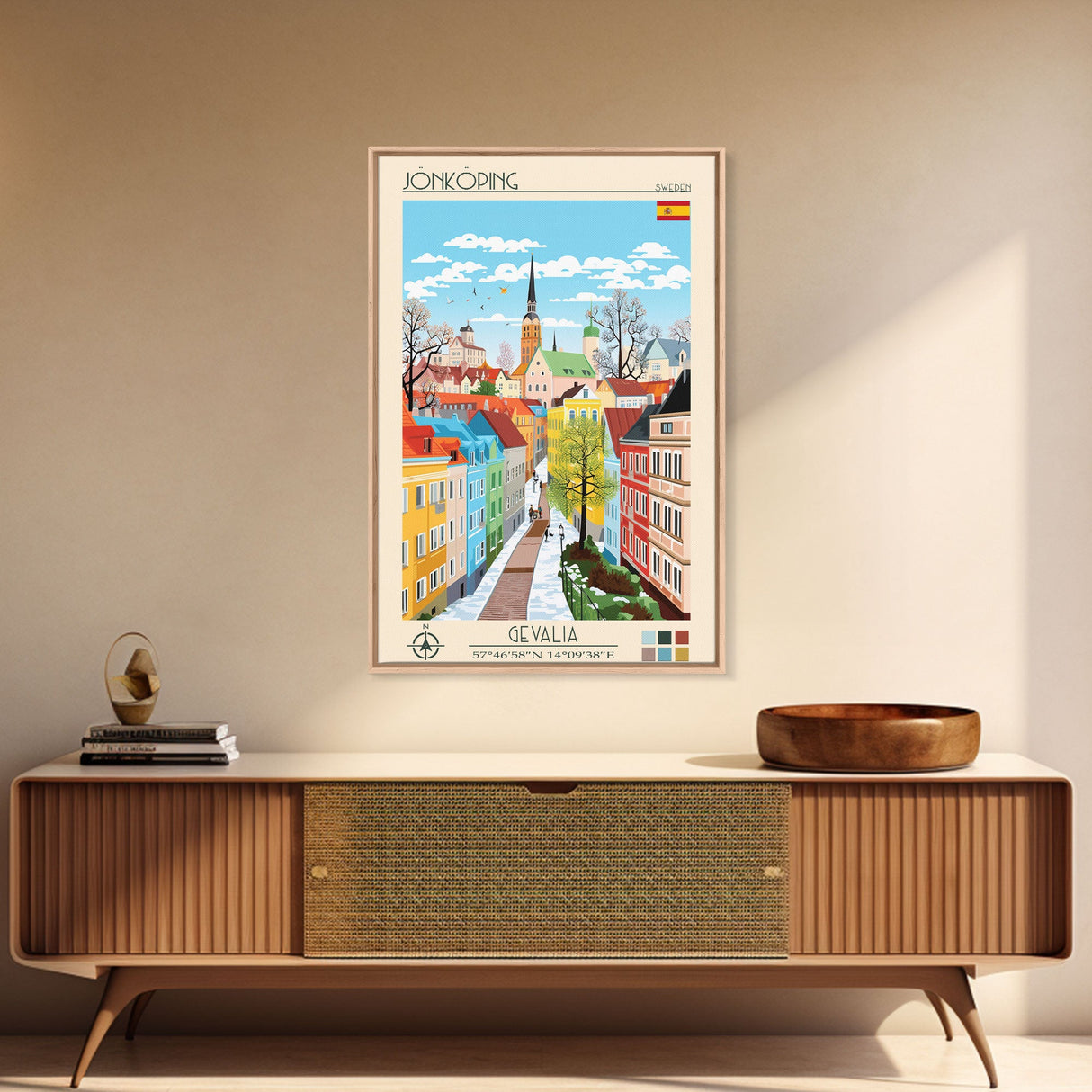 Jönköping Sweden Travel Poster Framed Canvas Print, Midcentury Modern Art, Pop Art Wall Decor, Home Decor, Vacation Gift, Office Art