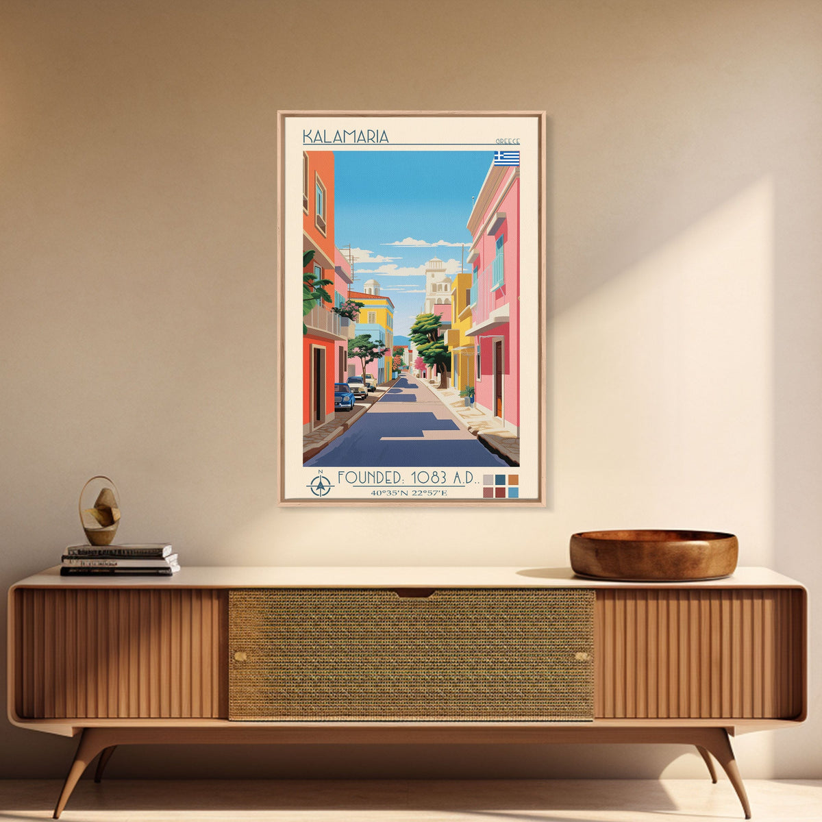 Kalamaria Greece Travel Poster Framed Canvas Print, Midcentury Modern Art, Pop Art Wall Decor, Scenic Wall Art, Living Room Decoration, Office Art