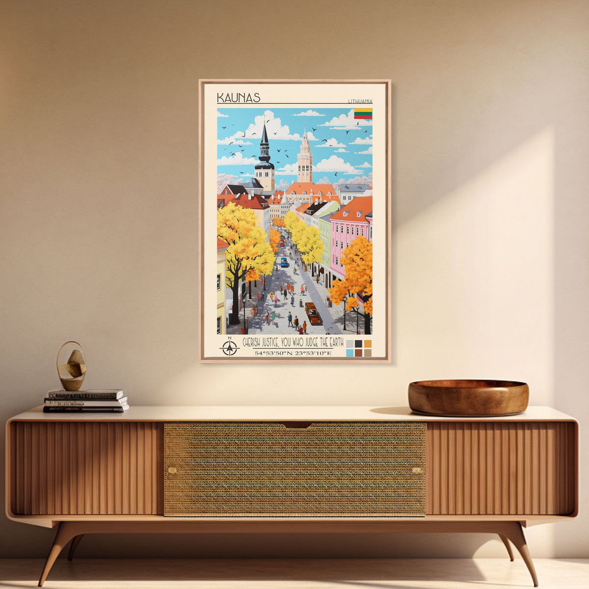 Kaunas Lithuania Travel Poster Framed Canvas Print, Midcentury Modern Art, Pop Art Wall Decor, Scenic Living Room Art, Bedroom Gift