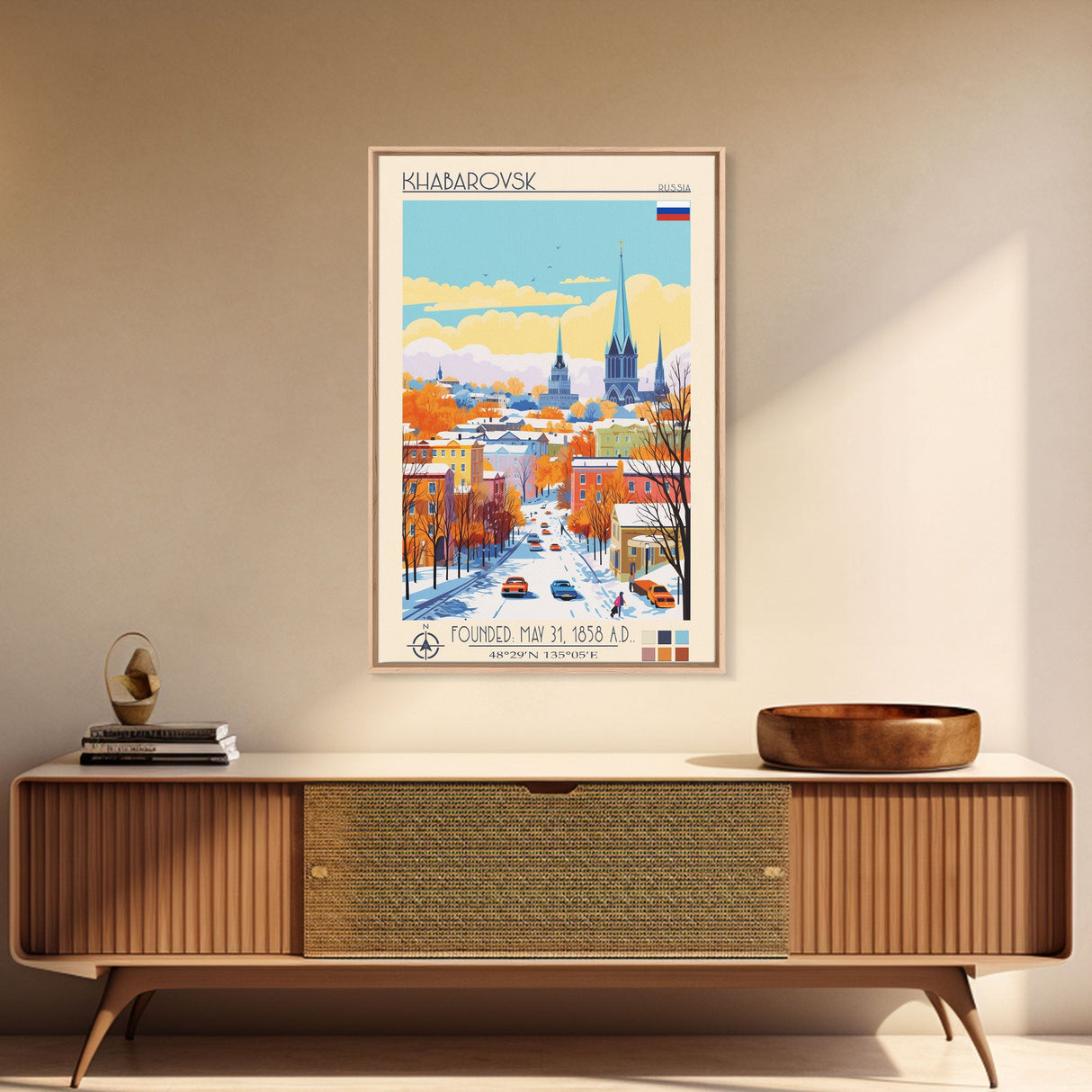 Khabarovsk Russia Travel Poster Framed Canvas Print, Midcentury Modern Art, Pop Art Wall Decor, Home Decor, Vacation Gift, Office Art