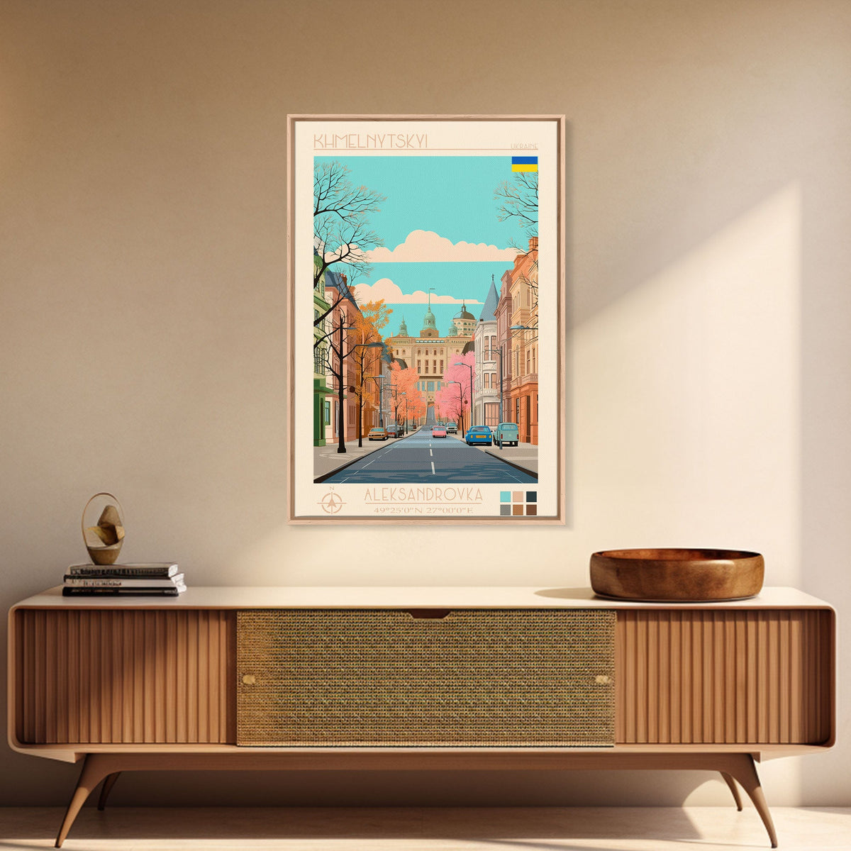Khmelnytskyi Ukraine Travel Poster Framed Canvas Print, Midcentury Modern Art, Pop Art Wall Decor, Scenic Wall Art, Living Room Decoration, Office Gift
