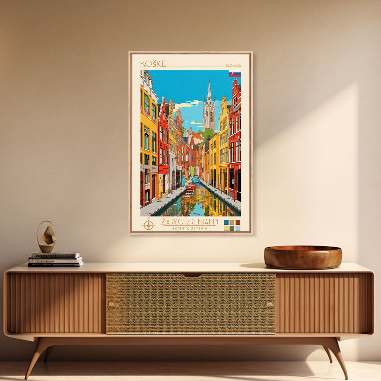 Košice Slovakia Travel Poster Framed Canvas Print, Midcentury Modern Art, Pop Art Wall Decor, Scenic Living Room Art, Bedroom Gift