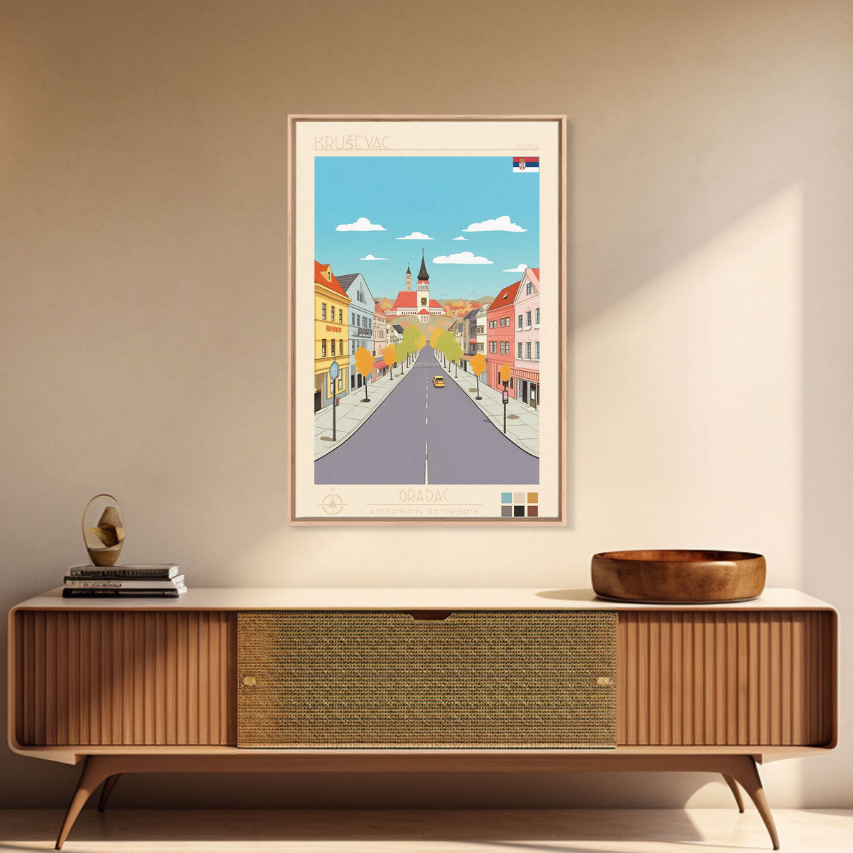 Kruševac Serbia Travel Poster Framed Canvas Print, Midcentury Modern Art, Pop Art Wall Decor, Scenic Living Room Art, Bedroom Gift