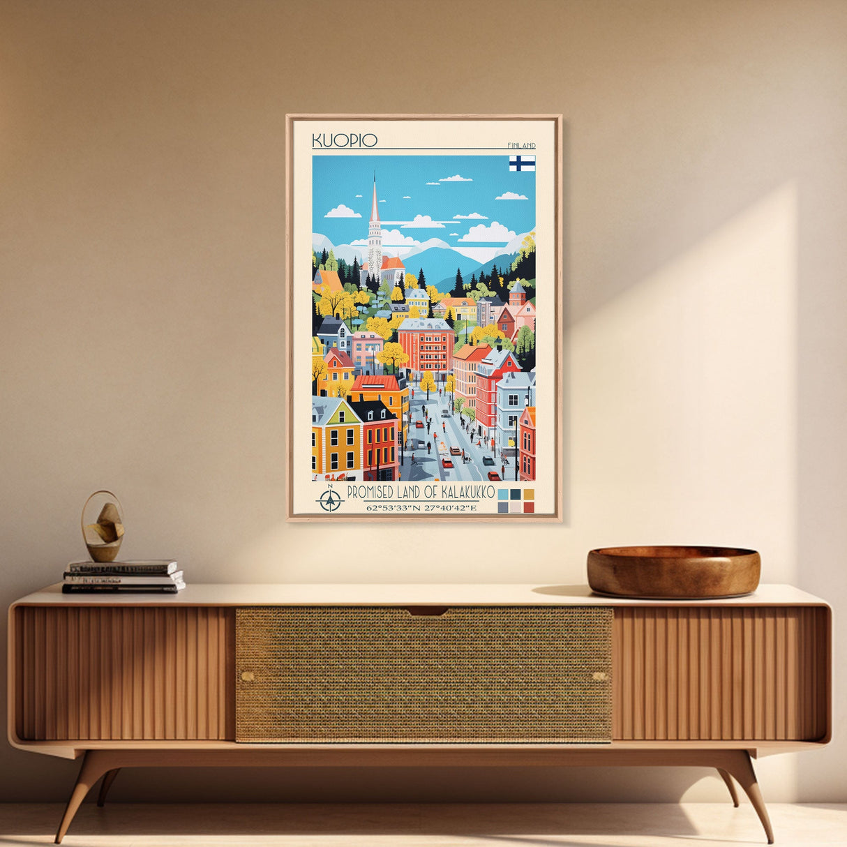 Kuopio Finland Travel Poster Framed Canvas Print, Midcentury Modern Art, Pop Art Wall Decor, Home Decor, Vacation Gift, Bedroom Art