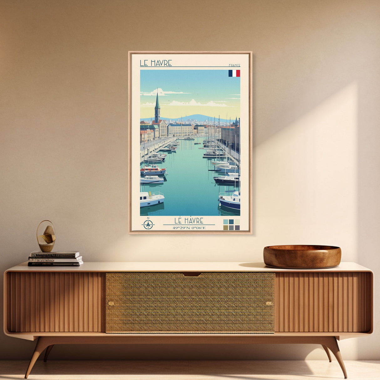 Le Havre France Travel Poster Framed Canvas Print, Midcentury Modern Art, Pop Art Wall Decor, Scenic Bedroom Art, Office Decoration