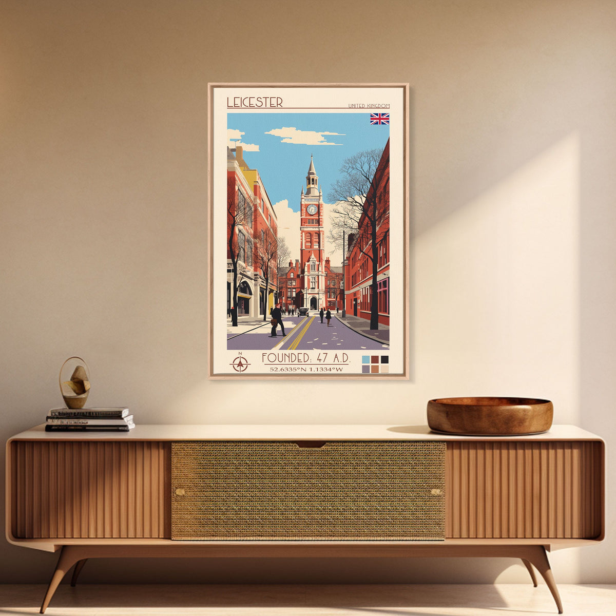 Leicester United Kingdom Travel Poster Framed Canvas Print, Midcentury Modern Art, Pop Art Wall Decor, Home Decor, Vacation Gift, Office Art