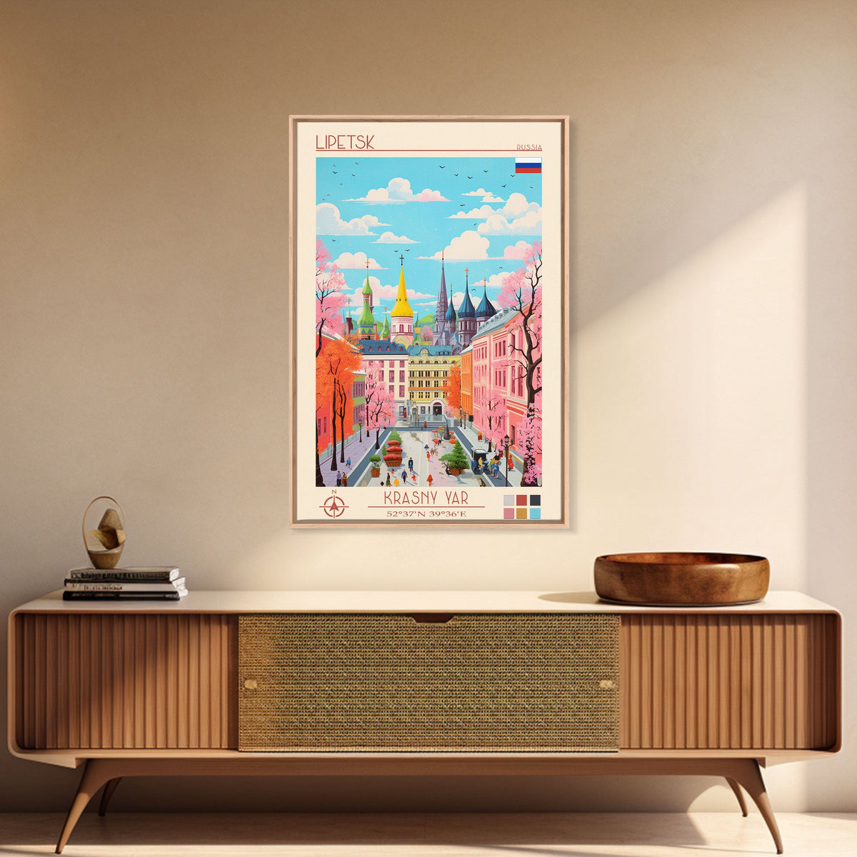 Lipetsk Russia Travel Poster Framed Canvas Print, Midcentury Modern Art, Pop Art Wall Decor, Scenic Art, Home and Office Decoration