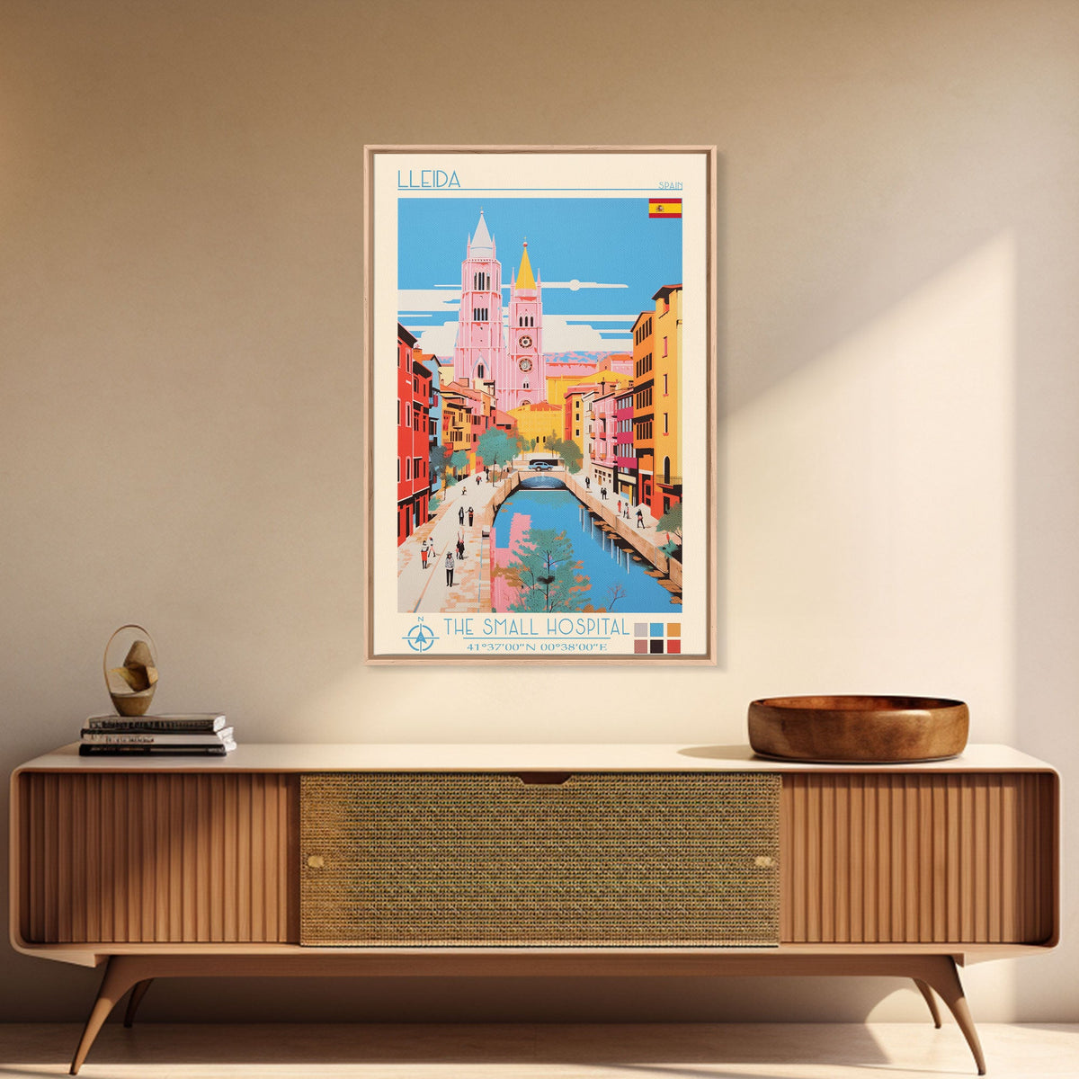 Lleida Spain Travel Poster Framed Canvas Print, Midcentury Modern Art, Pop Art Wall Decor, Scenic Art, Living Room and Office Gift