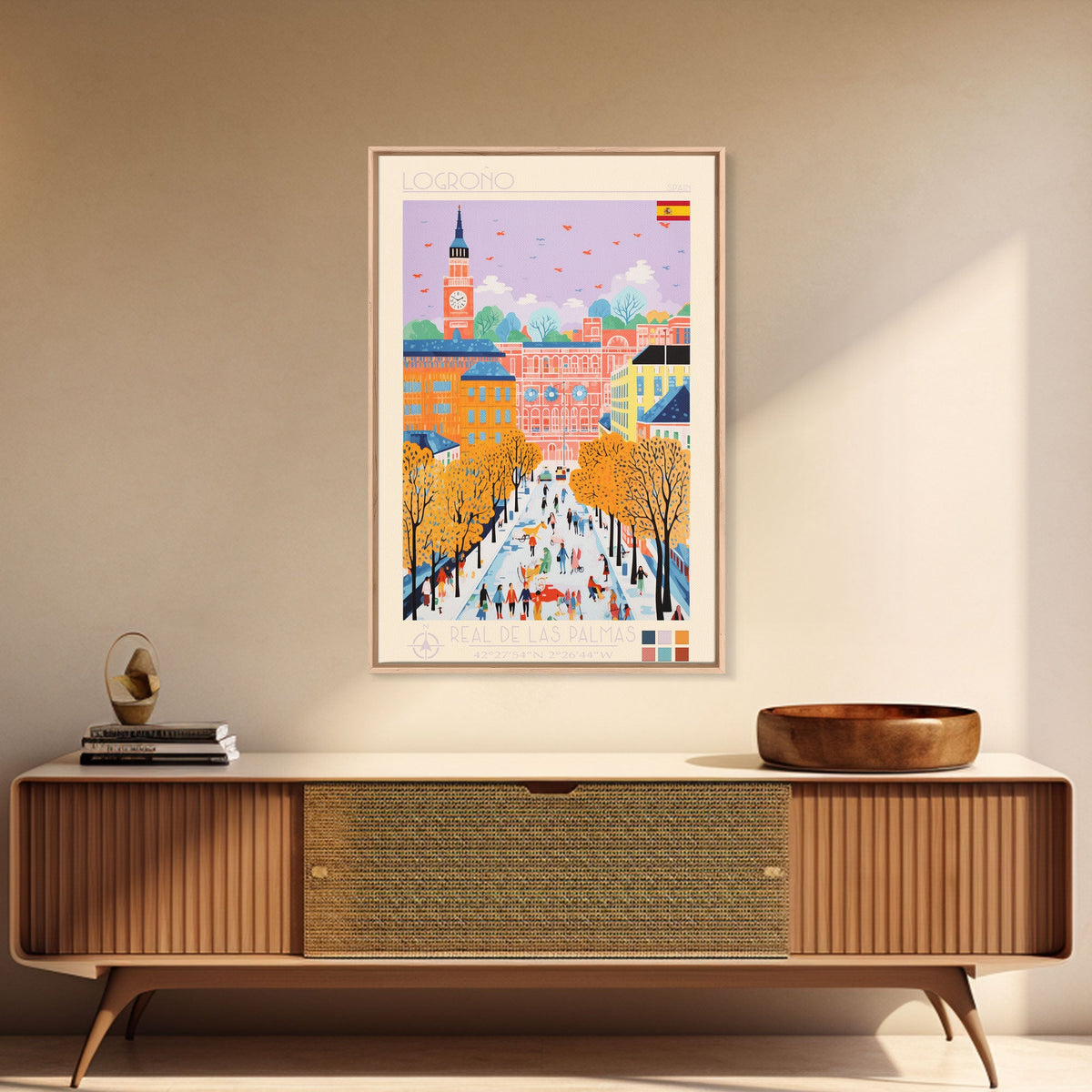 Logroño Spain Travel Poster Framed Canvas Print, Midcentury Modern Art, Pop Art Wall Decor, Scenic Art, Bedroom and Living Room Decor