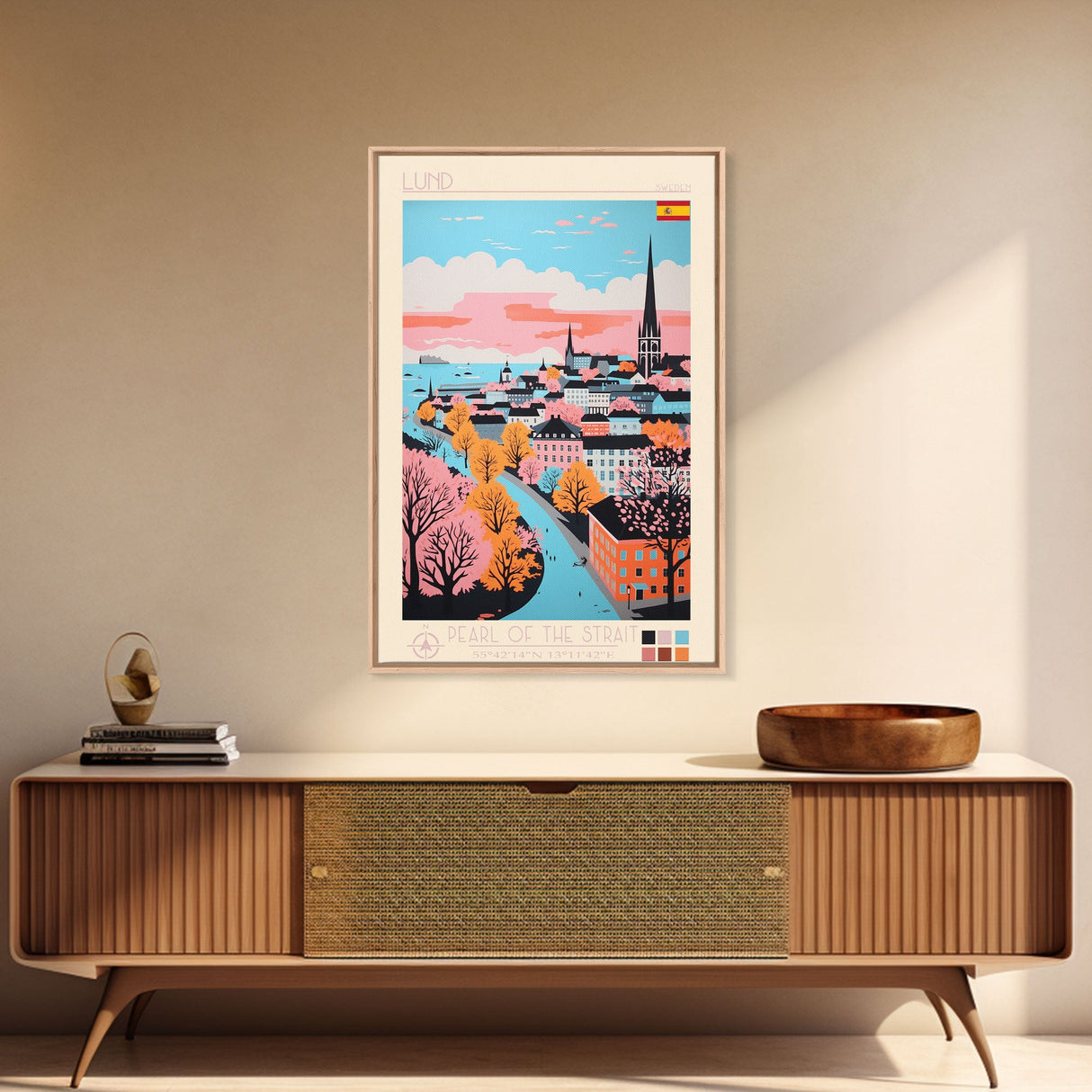 Lund Sweden Travel Poster Framed Canvas Print, Midcentury Modern Art, Pop Art Wall Decor, Scenic Art, Home and Office Decoration