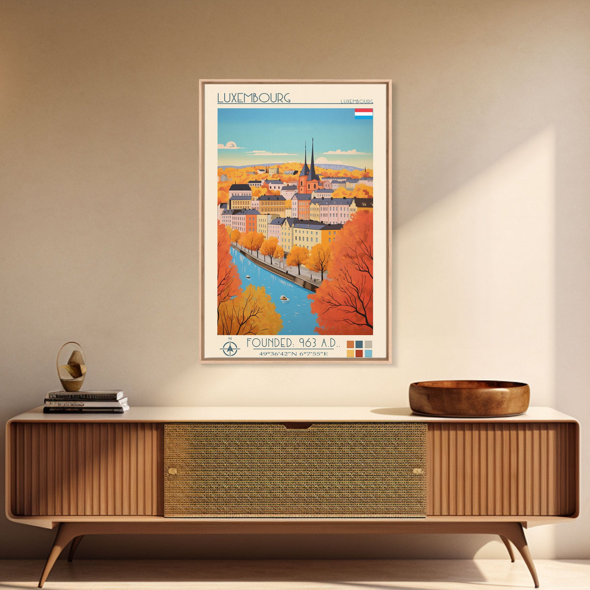 Luxembourg Luxembourg Travel Poster Framed Canvas Print, Midcentury Modern Art, Pop Art Wall Decor, Scenic Art, Bedroom and Living Room Decor