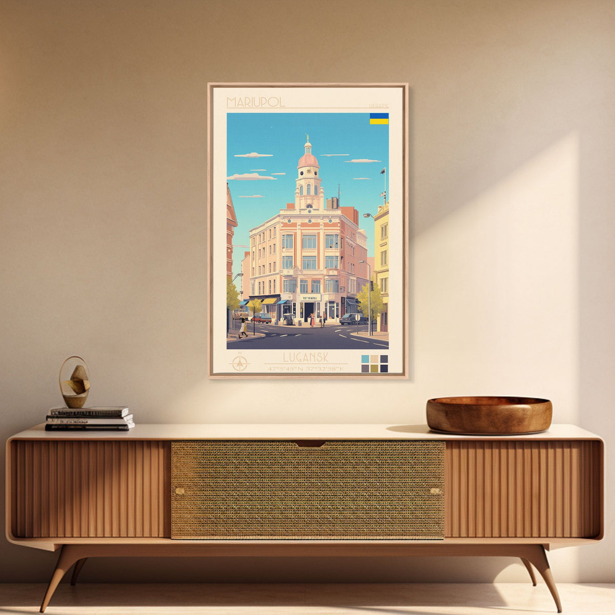 Mariupol Ukraine Travel Poster Framed Canvas Print, Midcentury Modern Art, Pop Art Wall Decor, Home Decor, Vacation Gift, Office Art