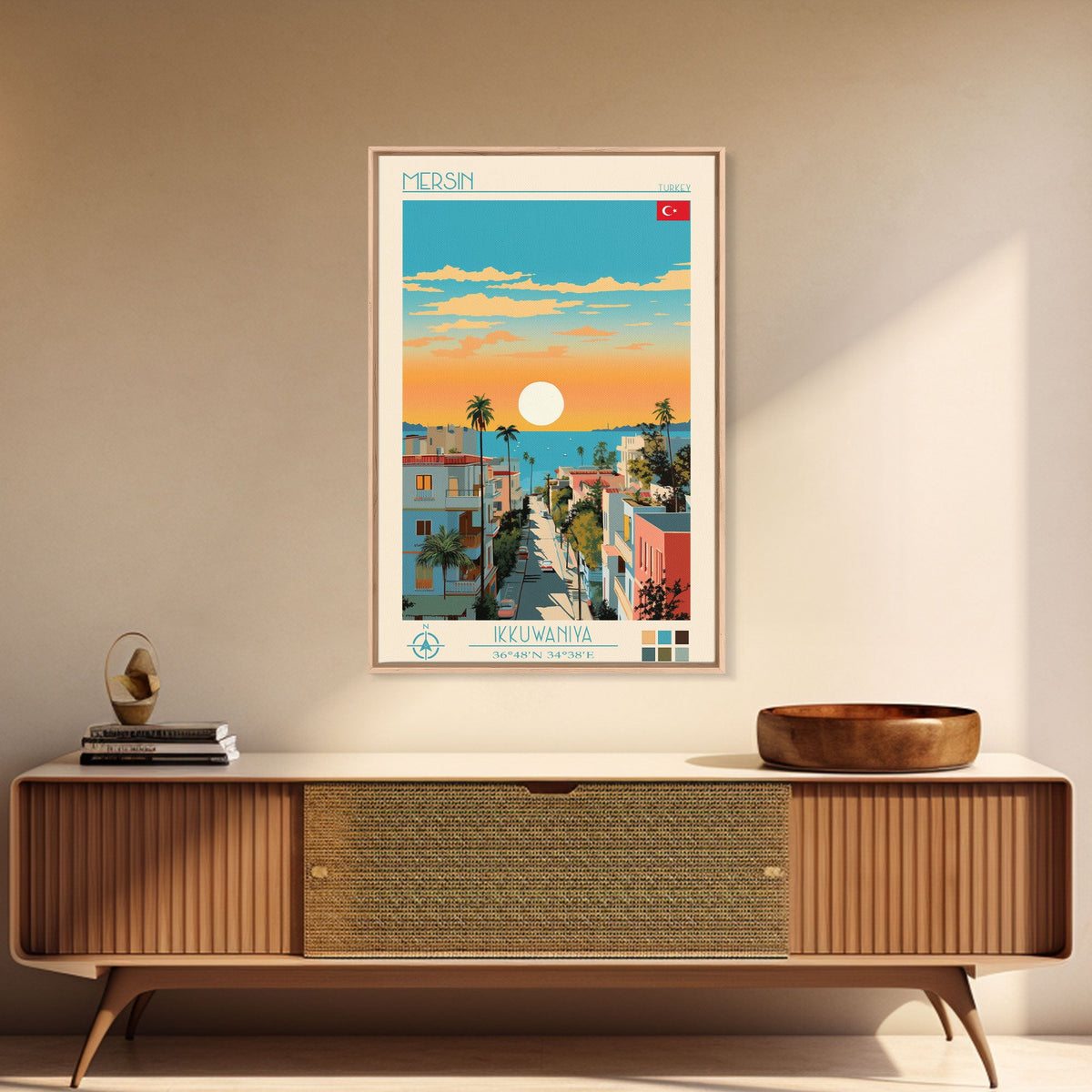 Mersin Turkey Travel Poster Framed Canvas Print, Midcentury Modern Art, Pop Art Wall Decor, Scenic Wall Art, Living Room Decoration, Office Gift