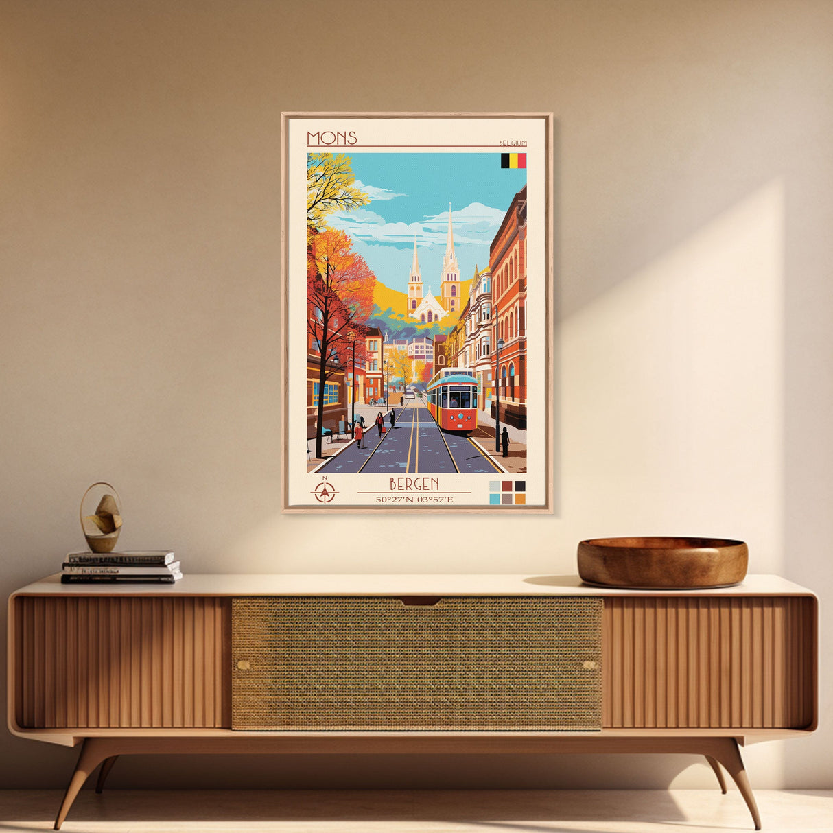 Mons Belgium Travel Poster Framed Canvas Print, Midcentury Modern Art, Pop Art Wall Decor, Home Decor, Vacation Gift, Office Art