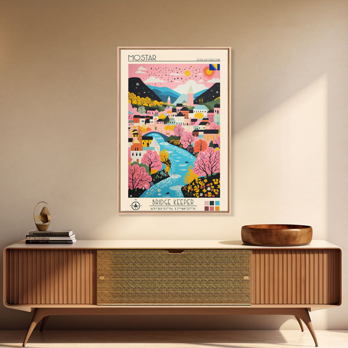 Mostar Bosnia and Herzegovina Travel Poster Framed Canvas Print, Midcentury Modern Art, Pop Art Wall Decor, Home Decor, Vacation Gift, Bedroom Art