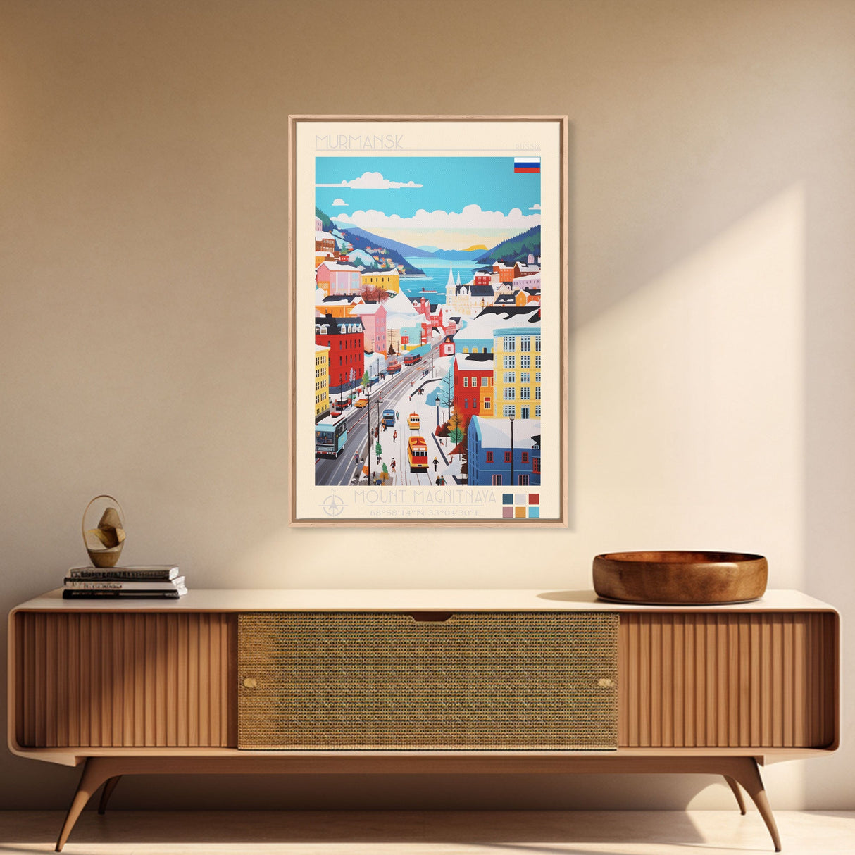 Murmansk Russia Travel Poster Framed Canvas Print, Midcentury Modern Art, Pop Art Wall Decor, Scenic Wall Art, Living Room Decoration, Office Art