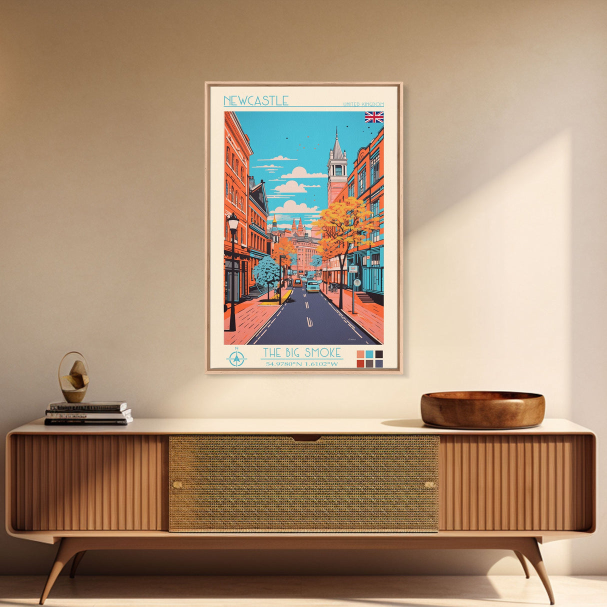 Newcastle United Kingdom Travel Poster Framed Canvas Print, Midcentury Modern Art, Pop Art Wall Decor, Scenic Living Room Art, Bedroom Decor