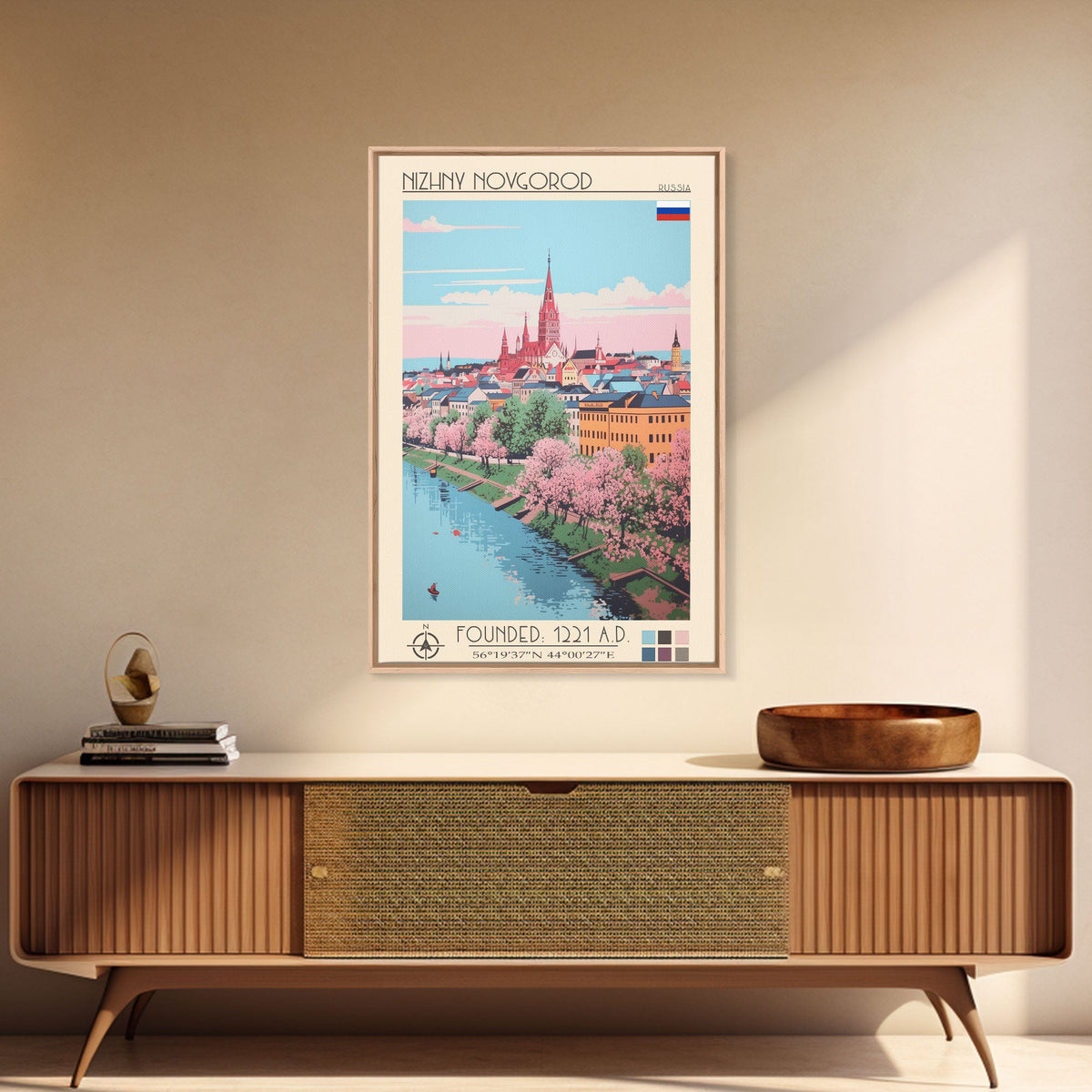 Nizhny Novgorod Russia Travel Poster Framed Canvas Print, Midcentury Modern Art, Pop Art Wall Decor, Scenic Bedroom Art, Office Decoration