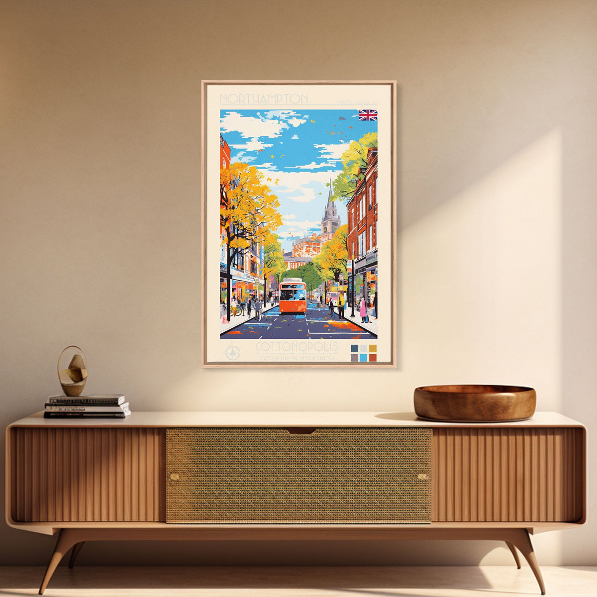 Northampton United Kingdom Travel Poster Framed Canvas Print, Midcentury Modern Art, Pop Art Wall Decor, Scenic Living Room Art, Bedroom Gift