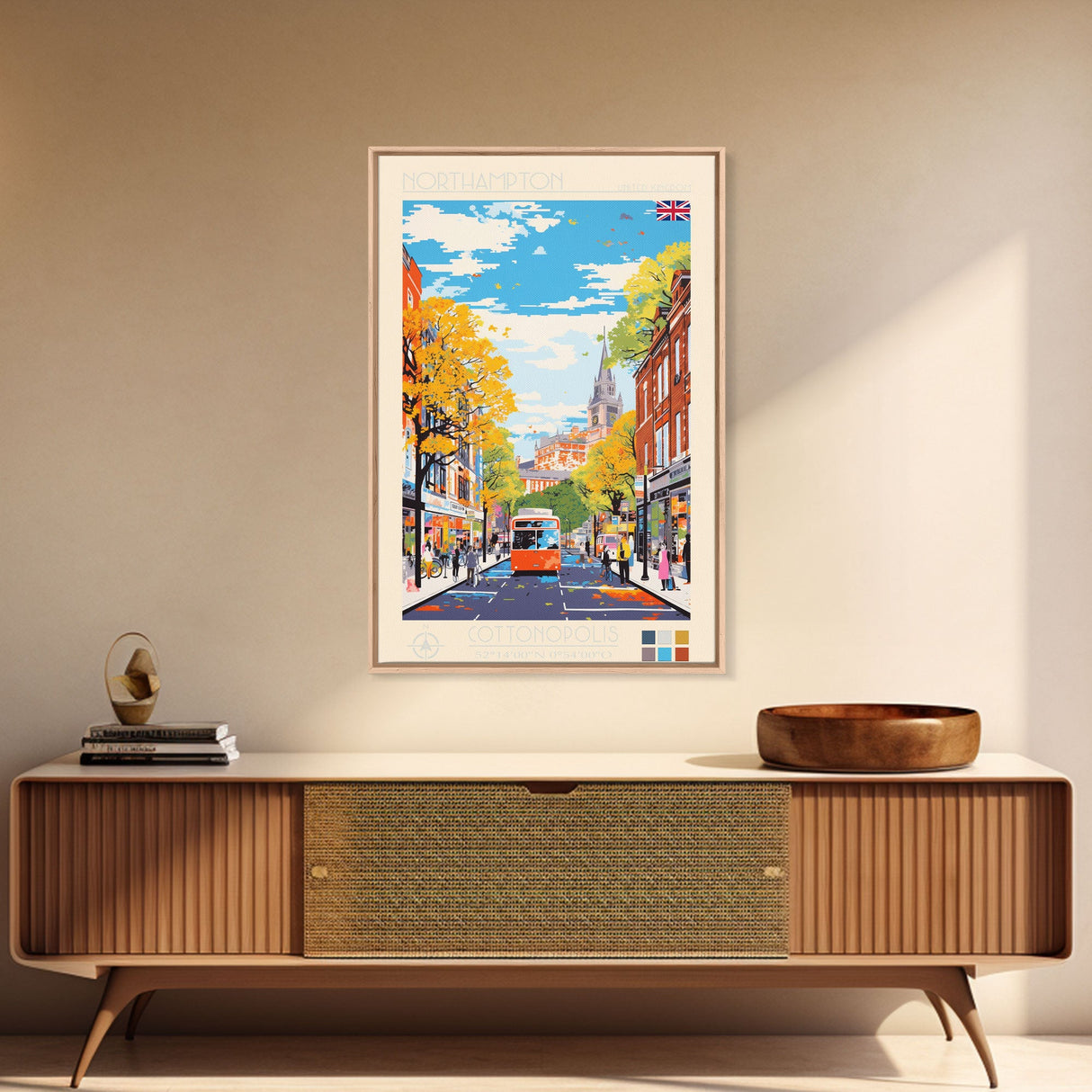 Northampton United Kingdom Travel Poster Framed Canvas Print, Midcentury Modern Art, Pop Art Wall Decor, Scenic Living Room Art, Bedroom Gift