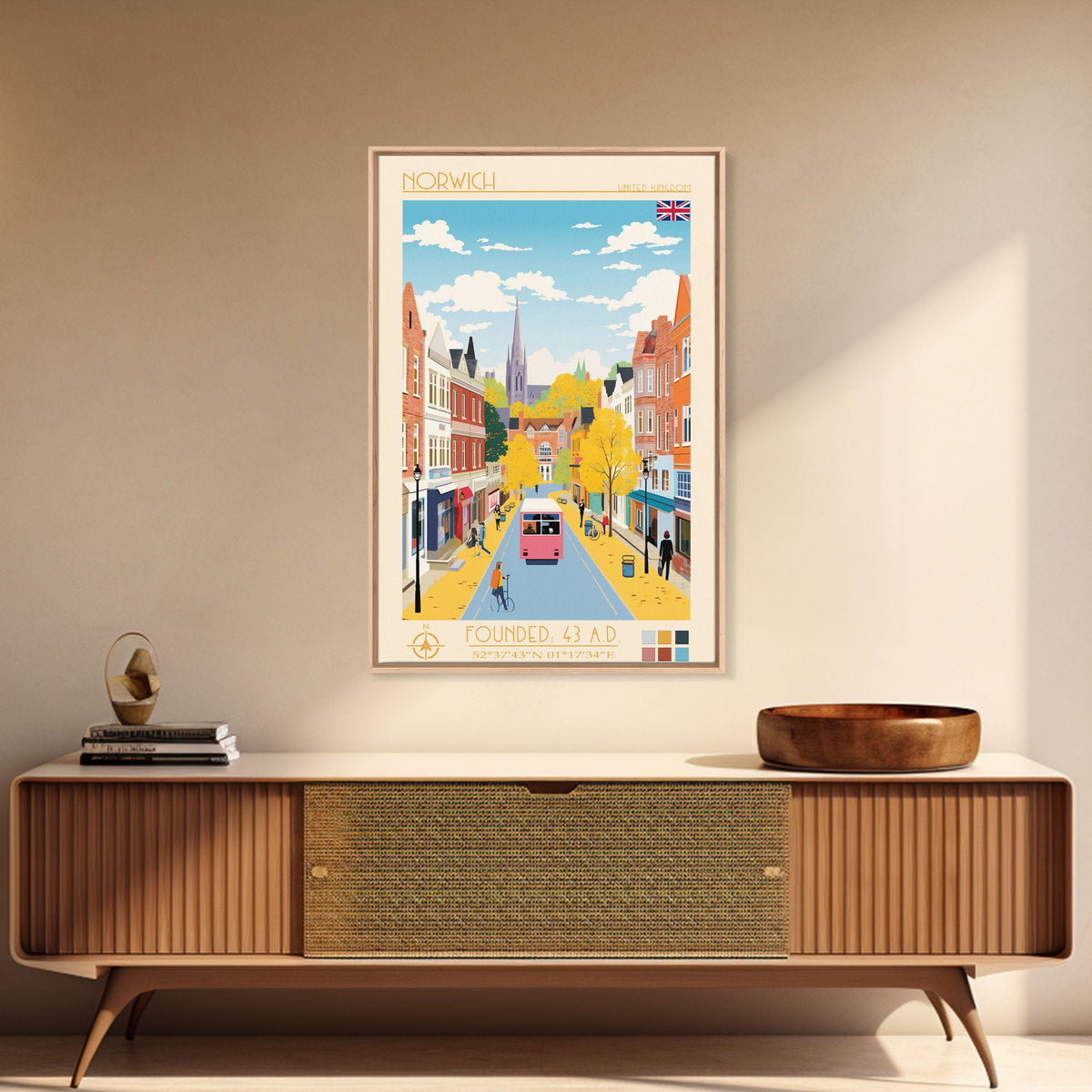 Norwich United Kingdom Travel Poster Framed Canvas Print, Midcentury Modern Art, Pop Art Wall Decor, Scenic Wall Art, Living Room Decoration, Office Art