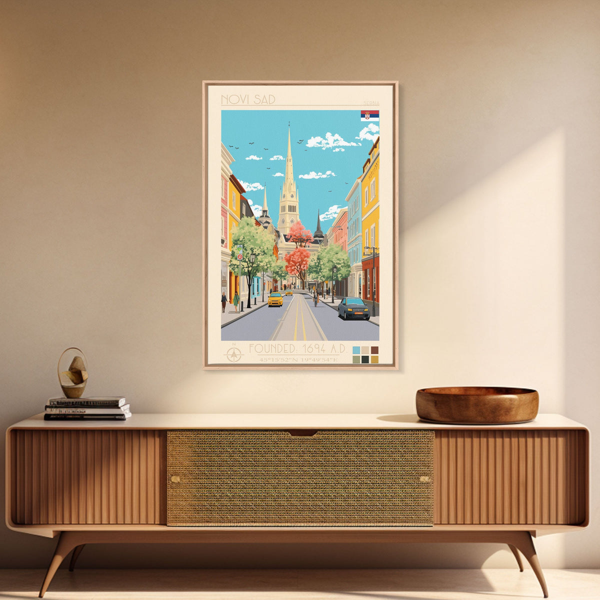Novi Sad Serbia Travel Poster Framed Canvas Print, Midcentury Modern Art, Pop Art Wall Decor, Scenic Wall Art, Bedroom Decoration