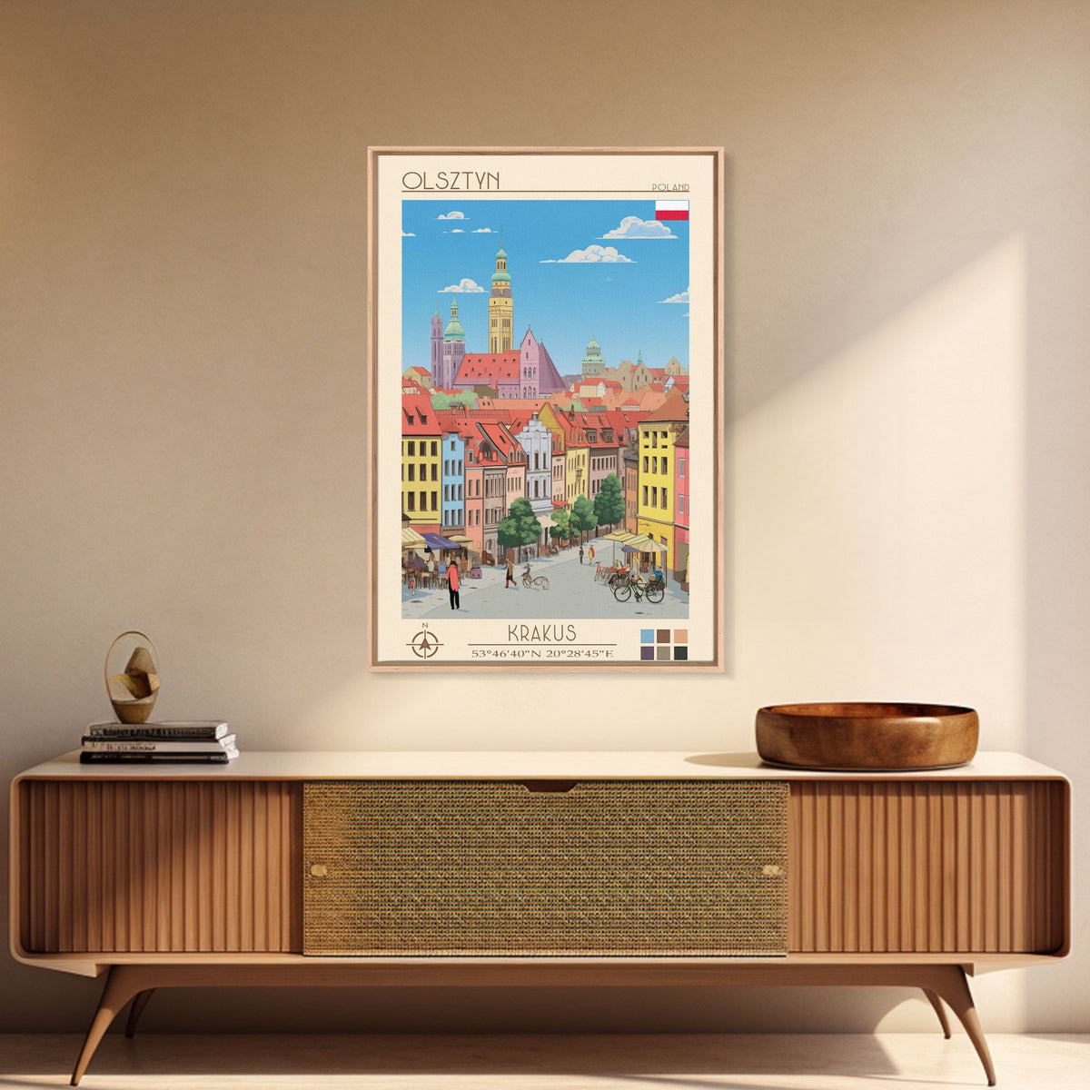 Olsztyn Poland Travel Poster Framed Canvas Print, Midcentury Modern Art, Pop Art Wall Decor, Scenic Wall Art, Bedroom Decoration