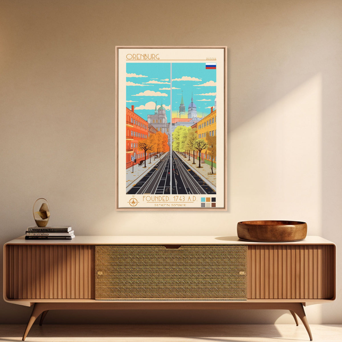 Orenburg Russia Travel Poster Framed Canvas Print, Midcentury Modern Art, Pop Art Wall Decor, Scenic Living Room Art, Bedroom Decor