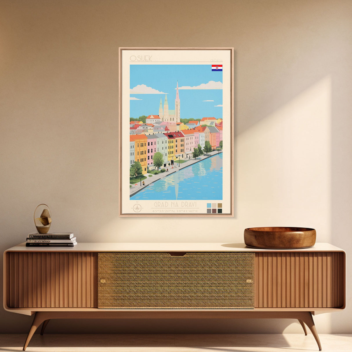Osijek Croatia Travel Poster Framed Canvas Print, Midcentury Modern Art, Pop Art Wall Decor, Home Decor, Vacation Gift, Office Art
