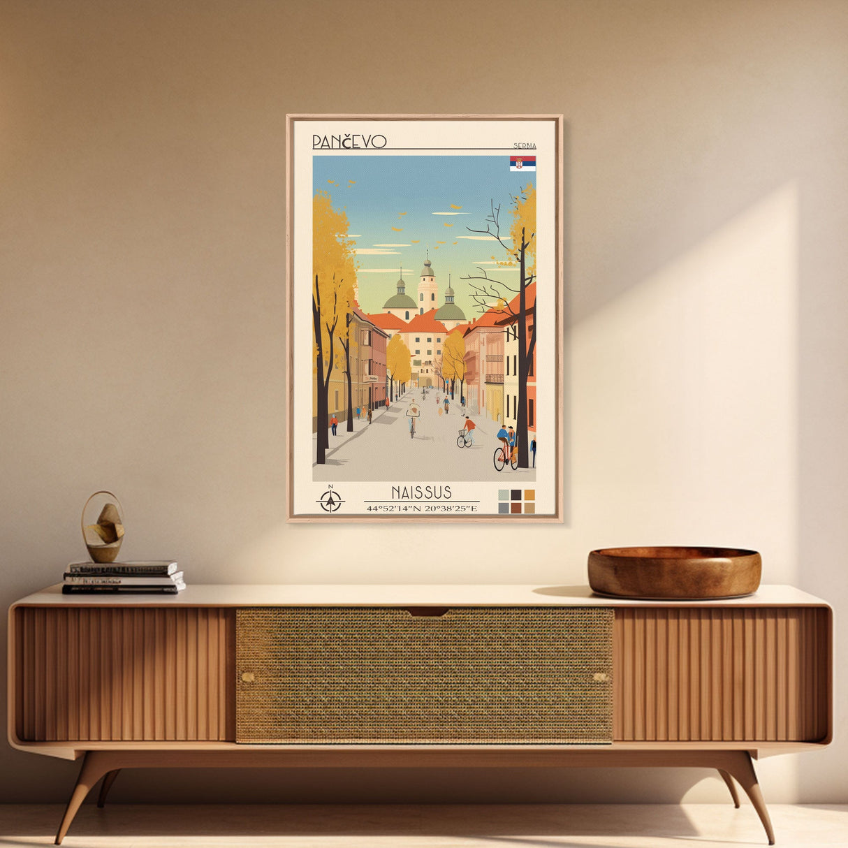 Pančevo Serbia Travel Poster Framed Canvas Print, Midcentury Modern Art, Pop Art Wall Decor, Scenic Wall Art, Living Room Decoration, Office Art