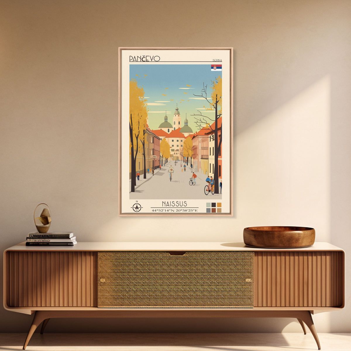 Pančevo Serbia Travel Poster Framed Canvas Print, Midcentury Modern Art, Pop Art Wall Decor, Scenic Wall Art, Living Room Decoration, Office Art