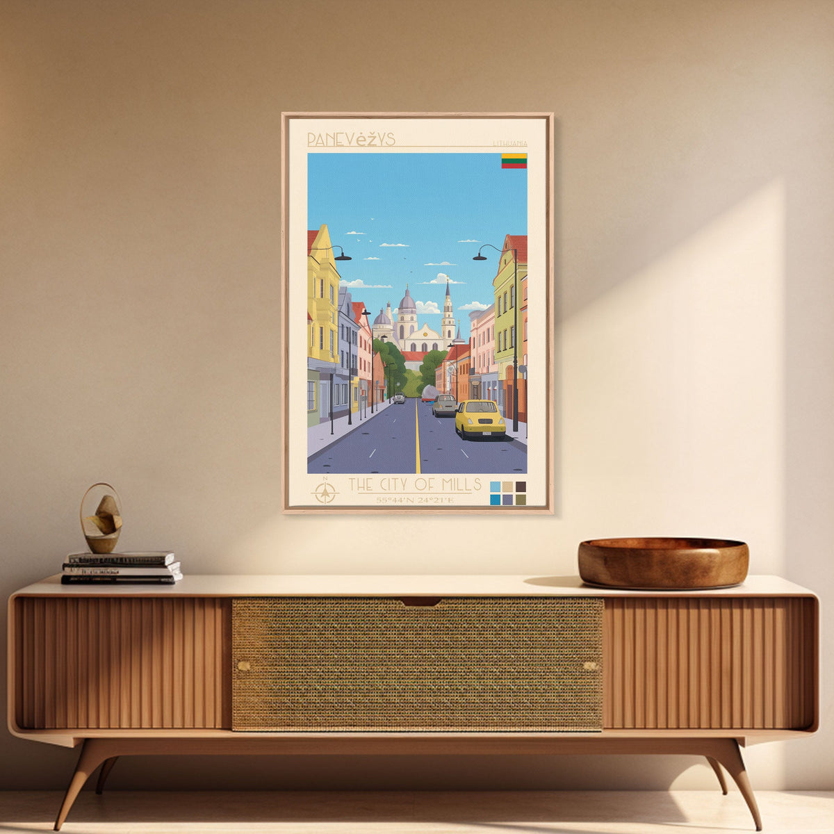 Panevėžys Lithuania Travel Poster Framed Canvas Print, Midcentury Modern Art, Pop Art Wall Decor, Scenic Living Room Art, Bedroom Gift