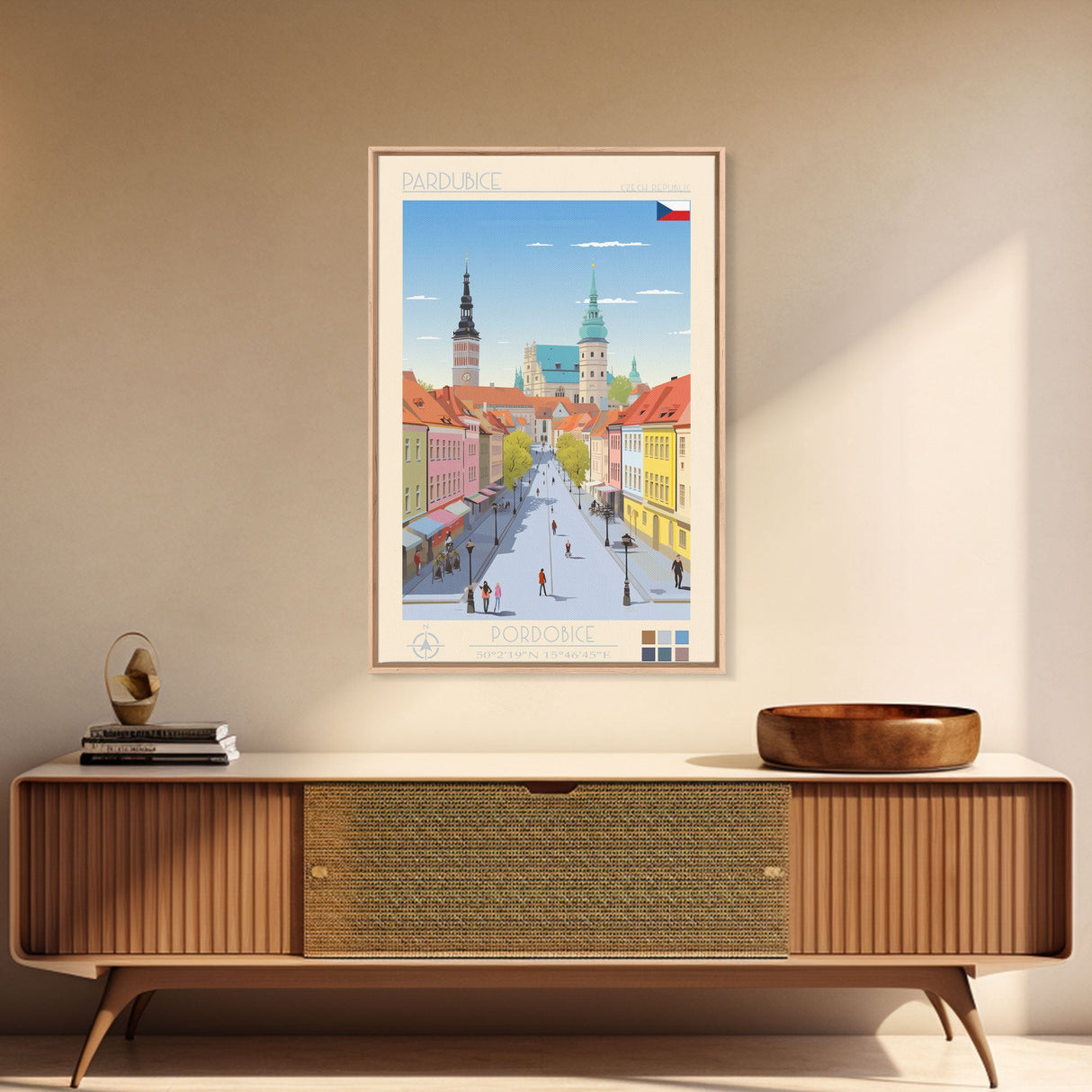 Pardubice Czech Republic Travel Poster Framed Canvas Print, Midcentury Modern Art, Pop Art Wall Decor, Home Decor, Vacation Gift, Bedroom Art