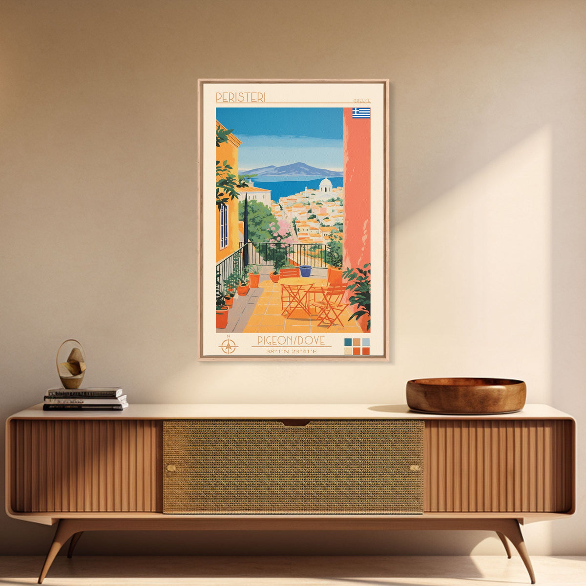 Peristeri Greece Travel Poster Framed Canvas Print, Midcentury Modern Art, Pop Art Wall Decor, Scenic Bedroom Art, Office Decoration
